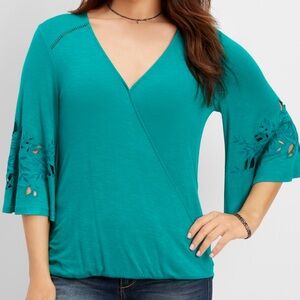 NEW Maurices Boho Mermaidcore Cottage Western Embroidered Wrap Top Teal Green M